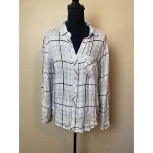 Cloth & Stone Anthropologie Gray & White Plaid Button-Up Shirt Medium